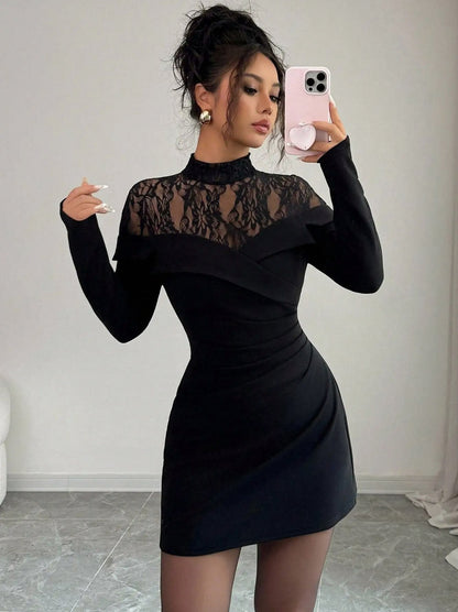 Lace Long Sleeve Mock Neck Ruched Mini Dress