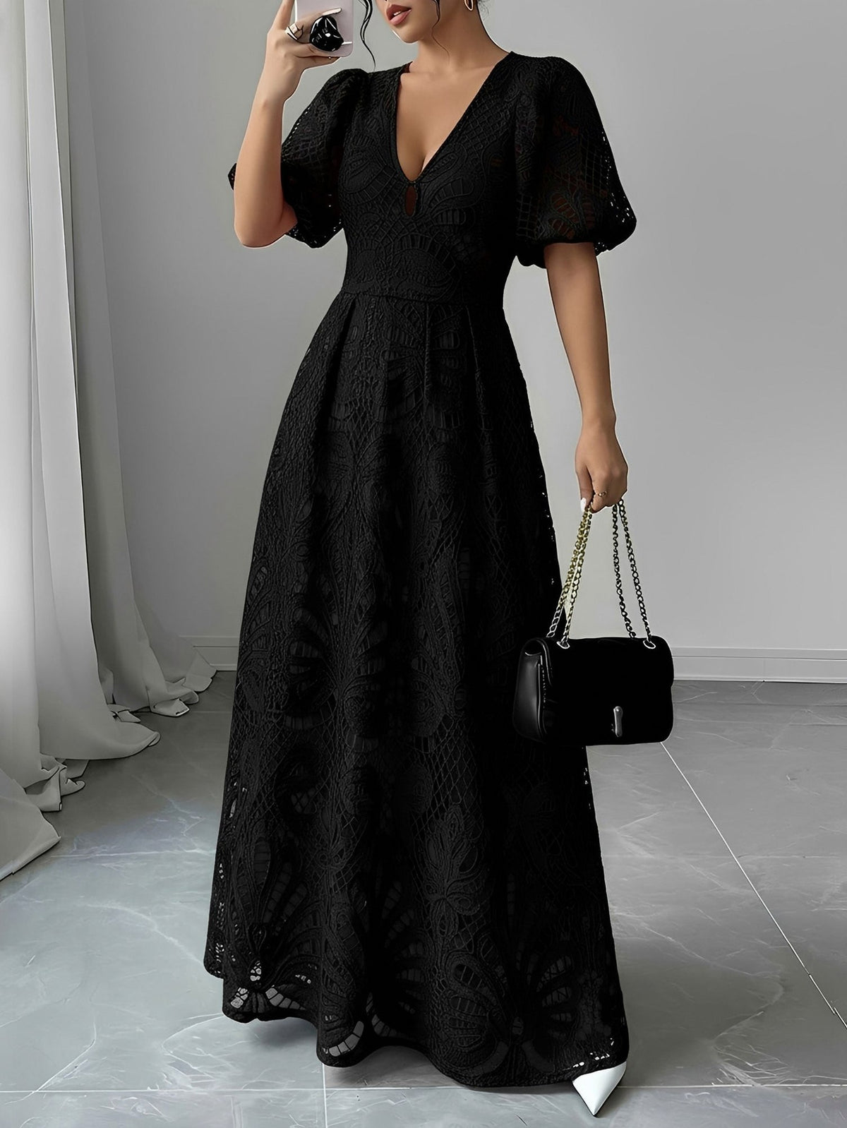 Lace Puff Sleeve Maxi Dress