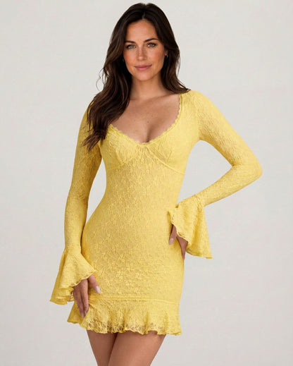 Lace Long Bell Sleeve Sweetheart Mini Dress