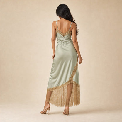 Lace Trim Satin Midi Dress