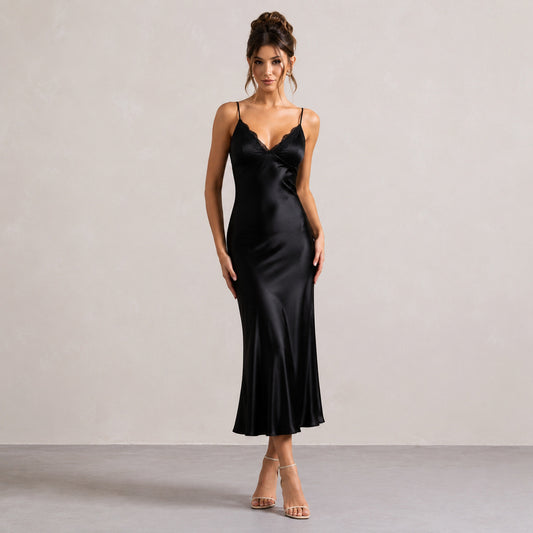Lace Trim Satin Slip Midi Dress