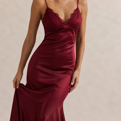 Lace Trim Satin Slip Midi Dress
