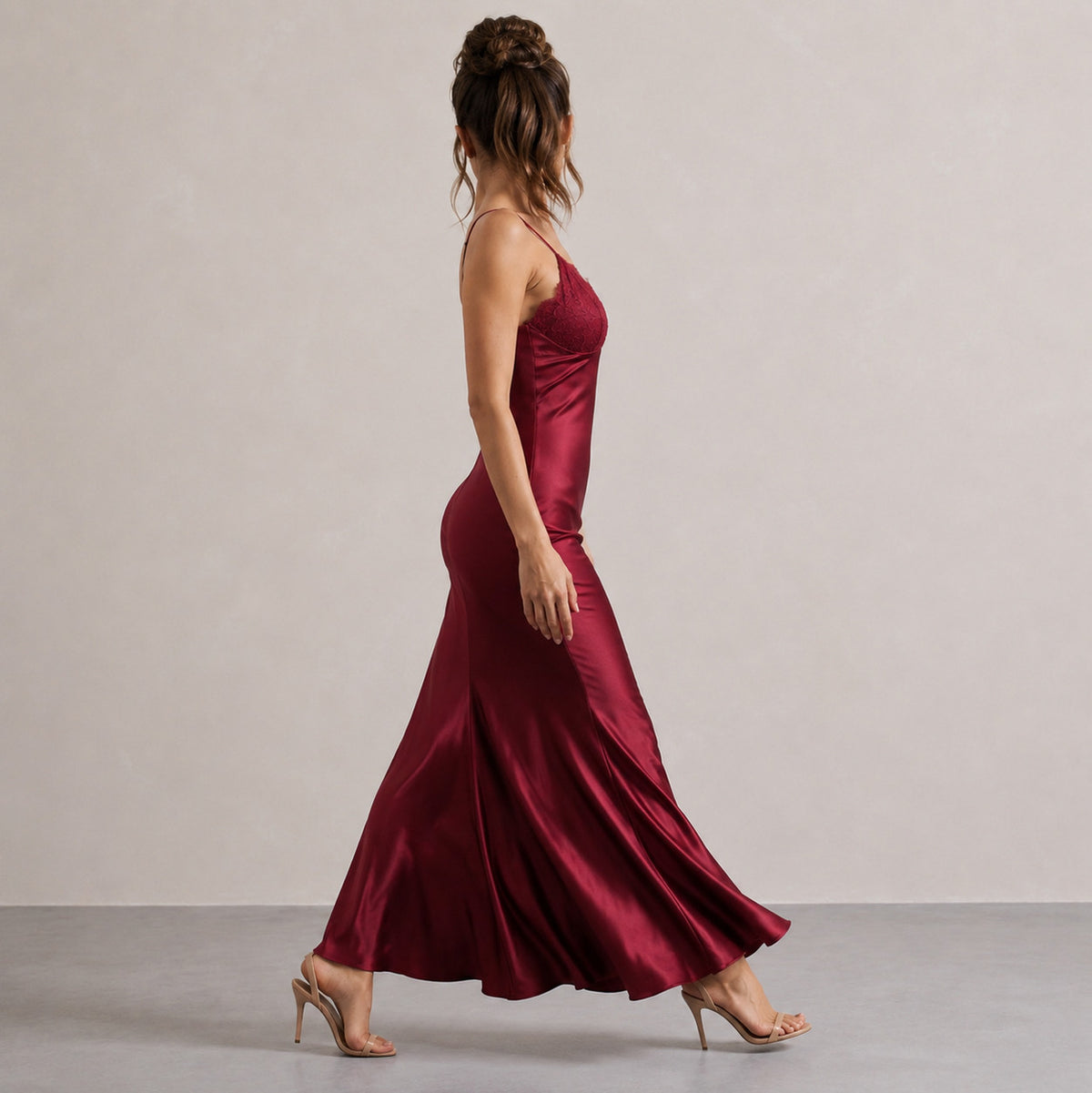 Lace Trim Satin Slip Midi Dress