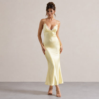 Lace Trim Satin Slip Midi Dress