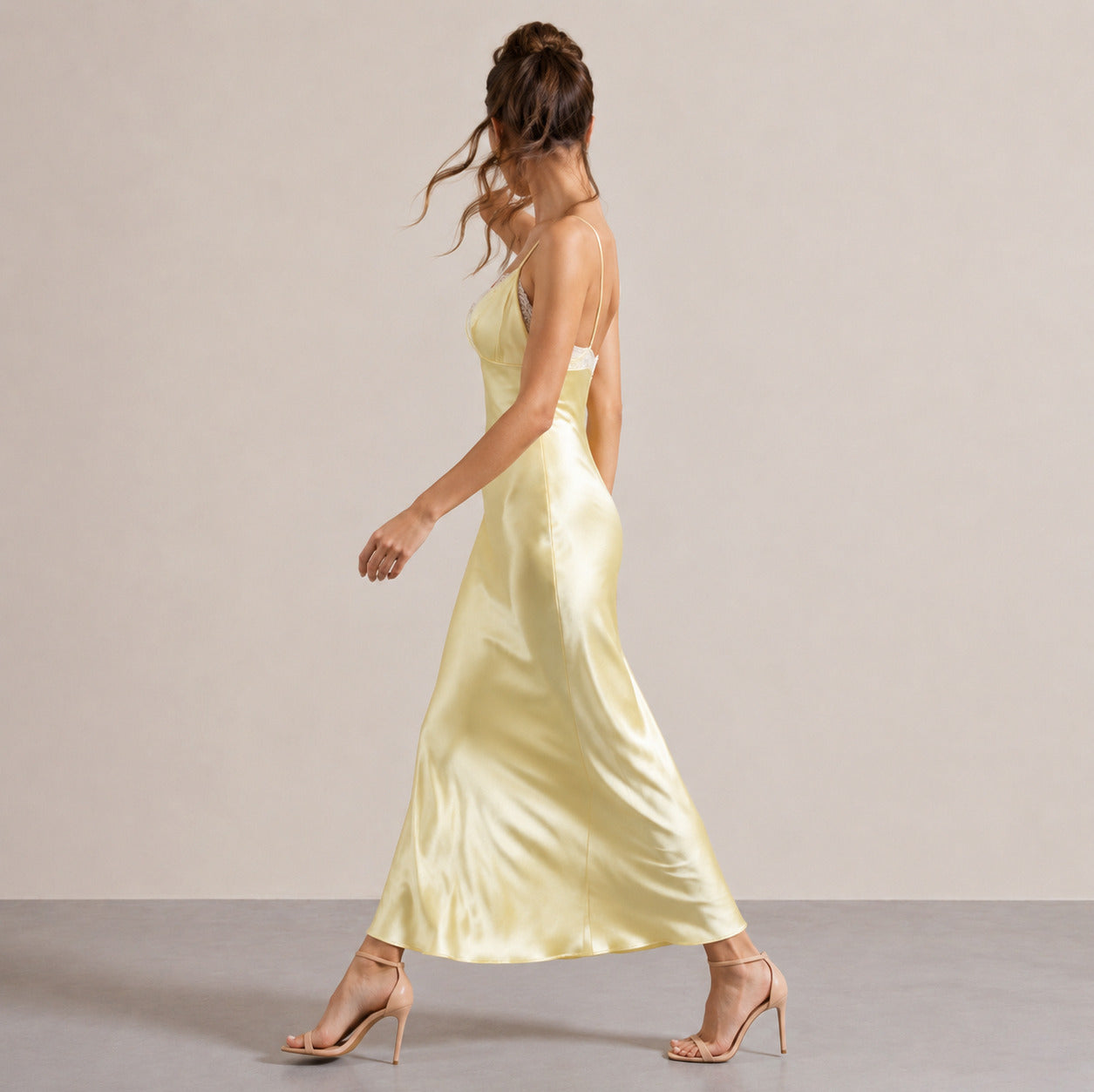 Lace Trim Satin Slip Midi Dress