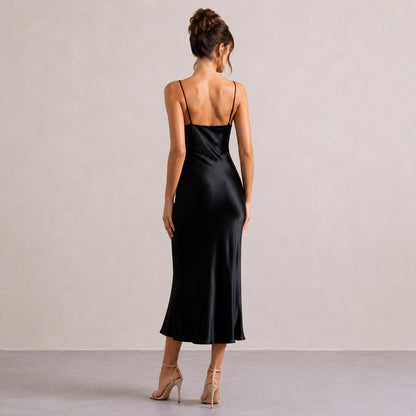 Lace Trim Satin Slip Midi Dress