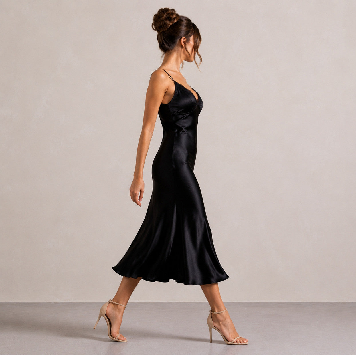 Lace Trim Satin Slip Midi Dress