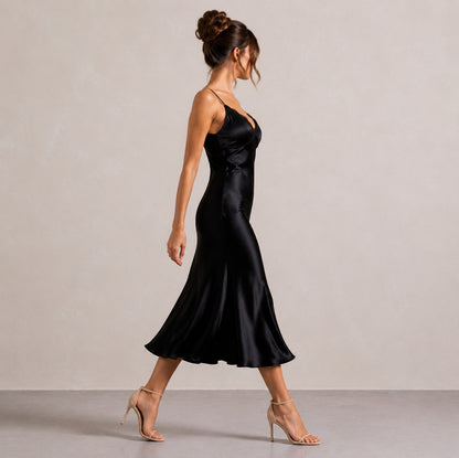 Lace Trim Satin Slip Midi Dress