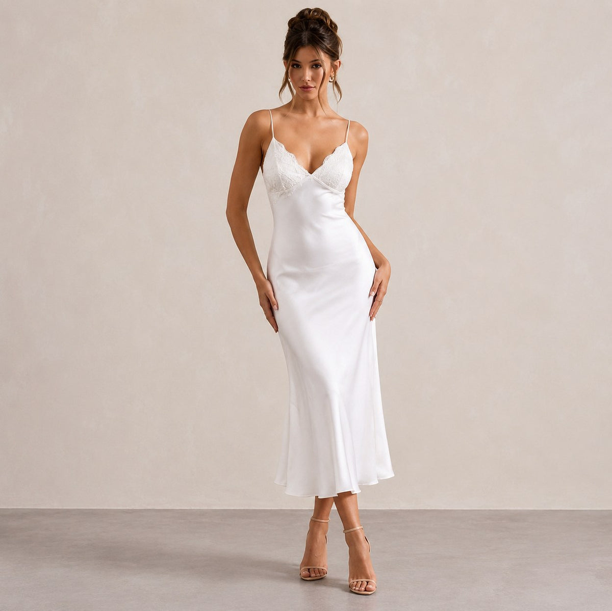 Lace Trim Satin Slip Midi Dress