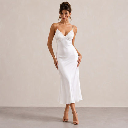 Lace Trim Satin Slip Midi Dress