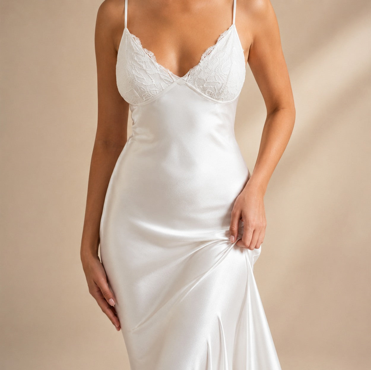 Lace Trim Satin Slip Midi Dress