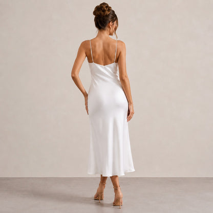 Lace Trim Satin Slip Midi Dress