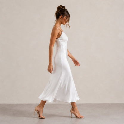 Lace Trim Satin Slip Midi Dress