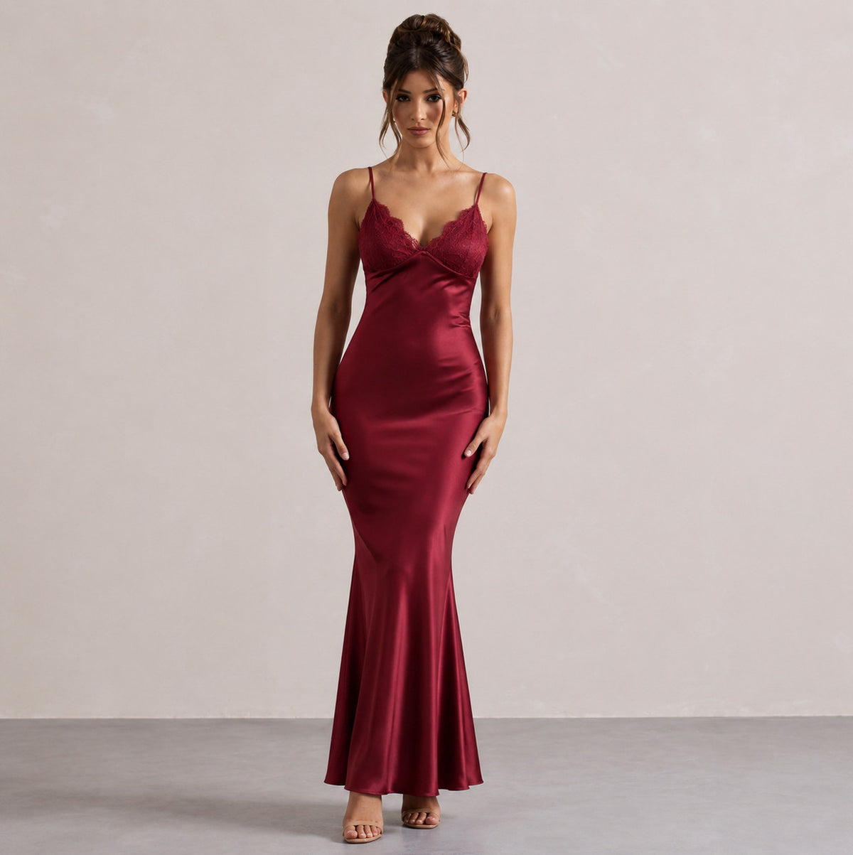 Lace Trim Satin Slip Midi Dress