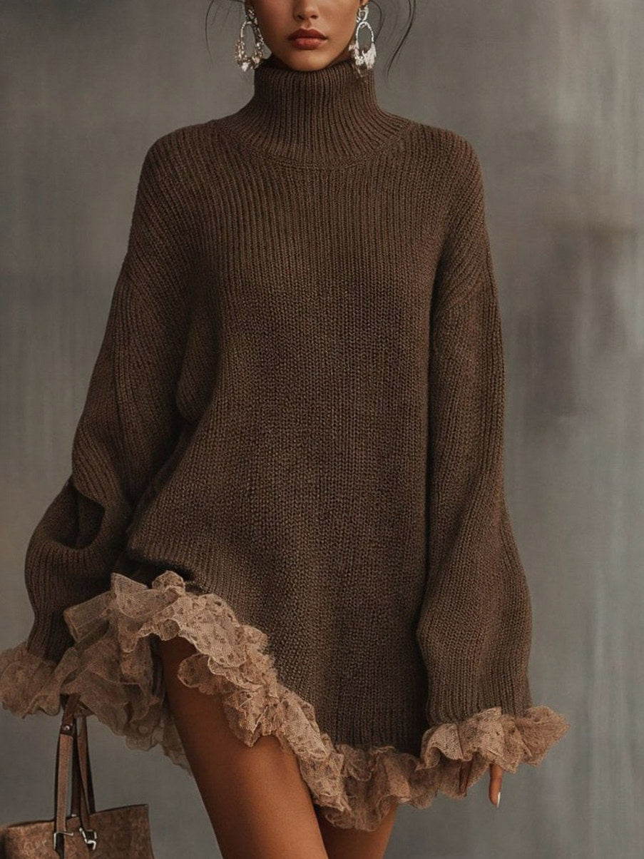 Lace Trim Turtleneck Sweater Dress