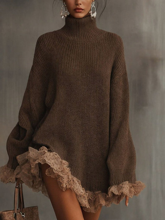 Lace Trim Turtleneck Sweater Dress
