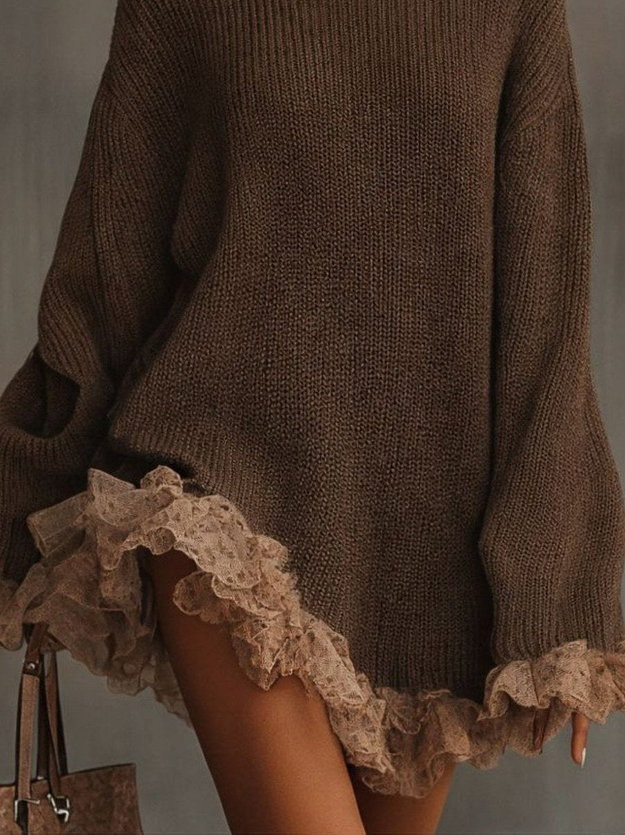 Lace Trim Turtleneck Sweater Dress