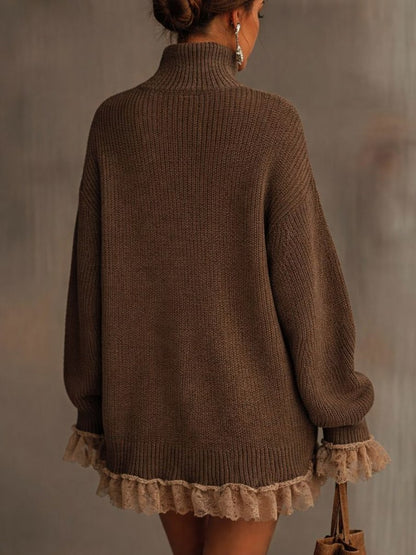 Lace Trim Turtleneck Sweater Dress