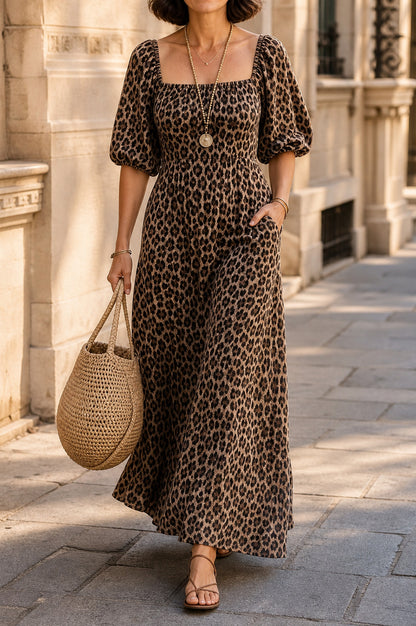 Leopard Print Square Neck Maxi Dress