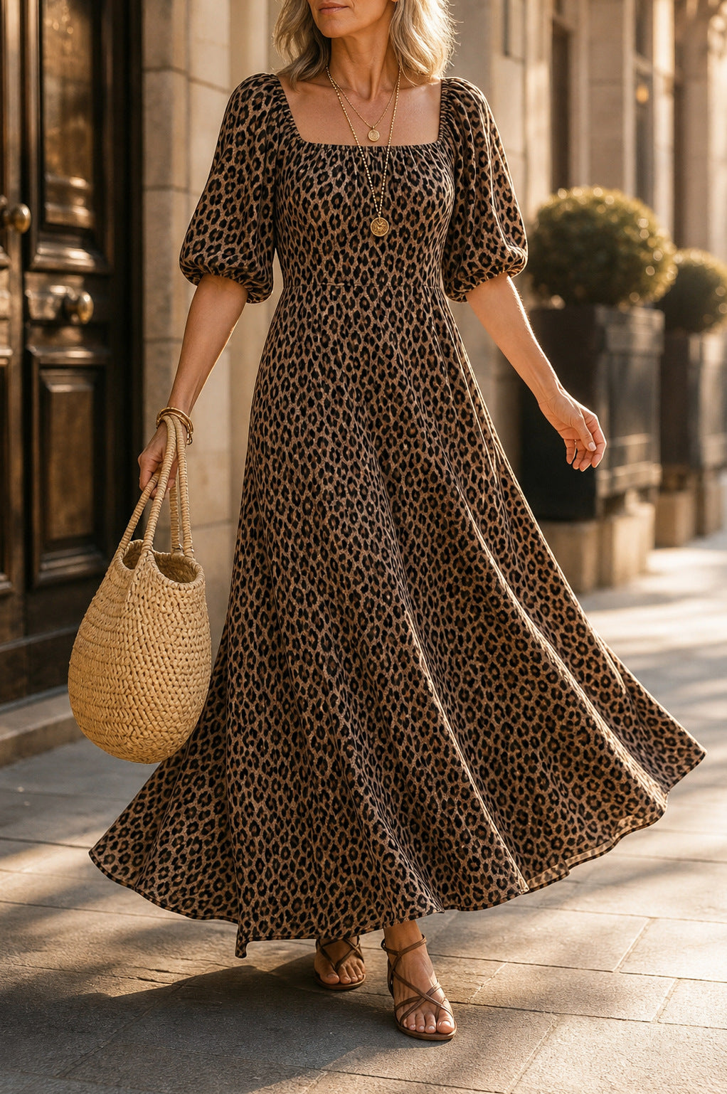 Leopard Print Square Neck Maxi Dress