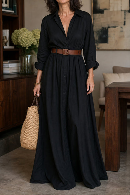 Long Sleeve Belted Maxi Shirt Dress