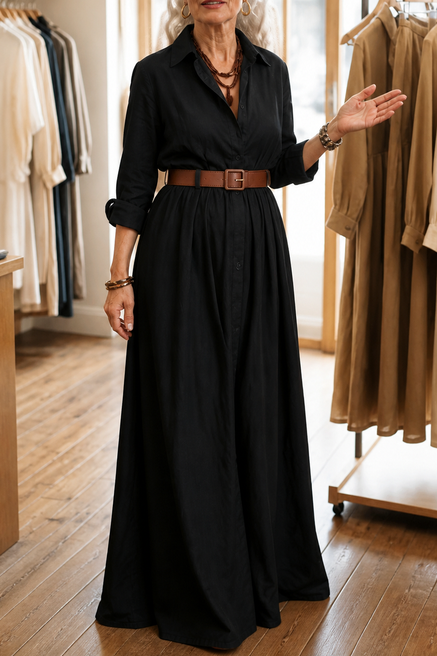 Long Sleeve Belted Maxi Shirt Dress