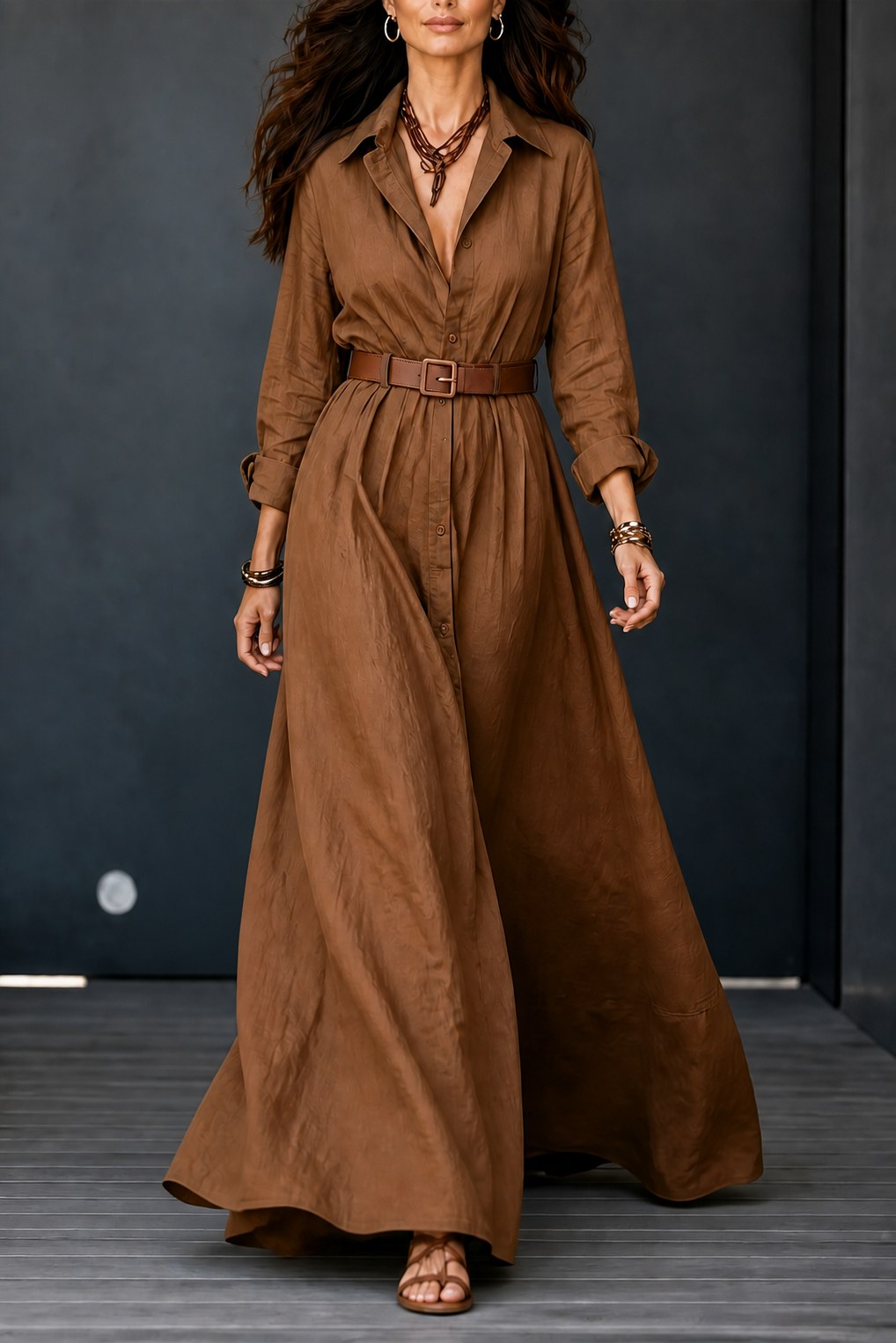 Long Sleeve Belted Maxi Shirt Dress