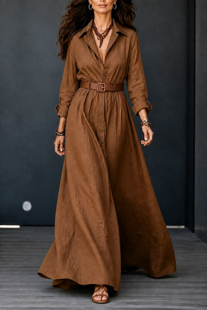 Long Sleeve Belted Maxi Shirt Dress