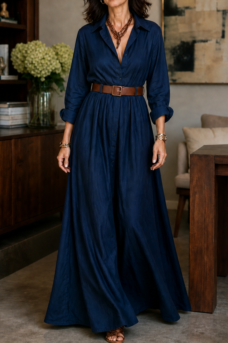 Long Sleeve Belted Maxi Shirt Dress