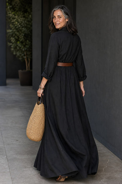 Long Sleeve Belted Maxi Shirt Dress