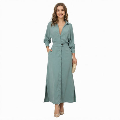 Long Sleeve Button Front Maxi Shirt Dress