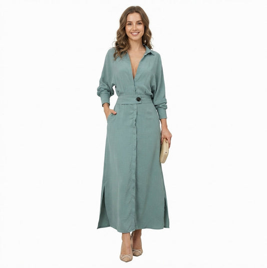 Long Sleeve Button Front Maxi Shirt Dress