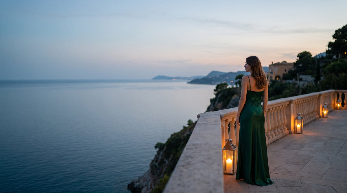 Woman in an emerald satin gown on a seaside terrace at dusk