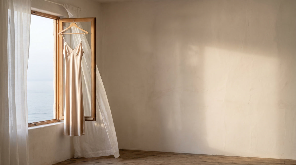 Satin slip dress hanging by a window over the sea