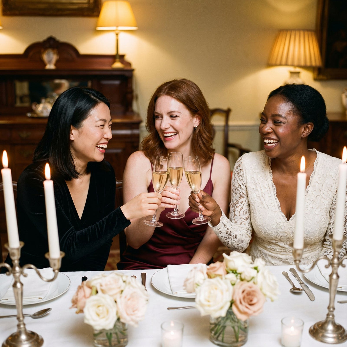 Three friends in velvet, satin and lace dresses toasting at a candlelit dinner