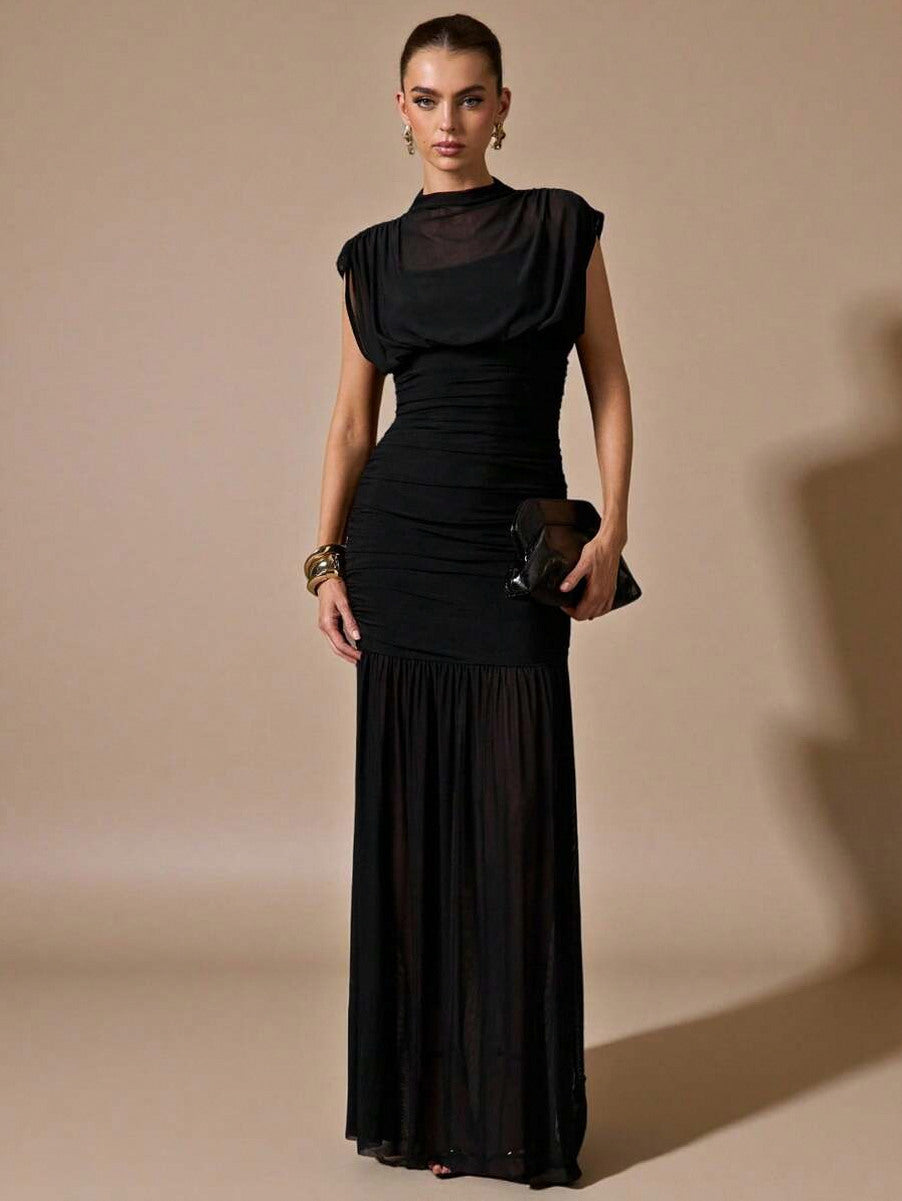 Mesh Cowl Ruched Maxi Dress