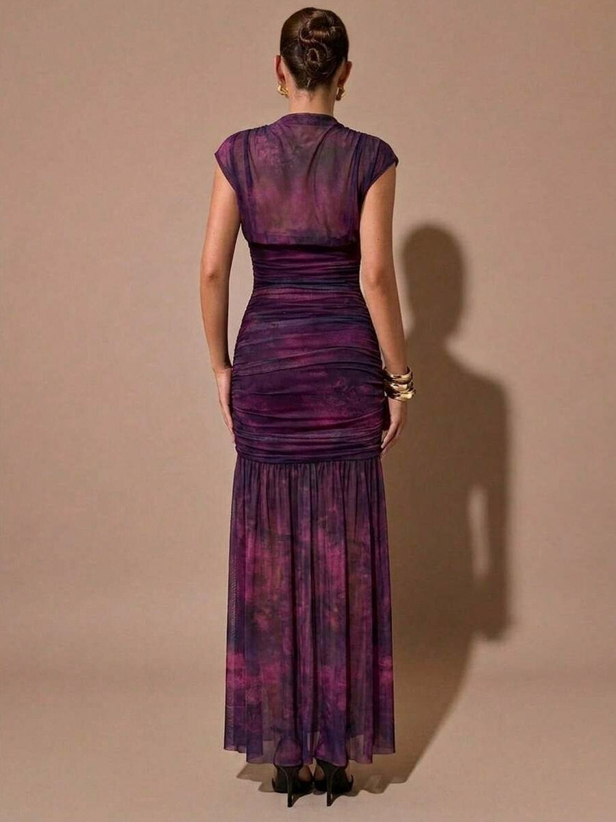 Mesh Cowl Ruched Maxi Dress
