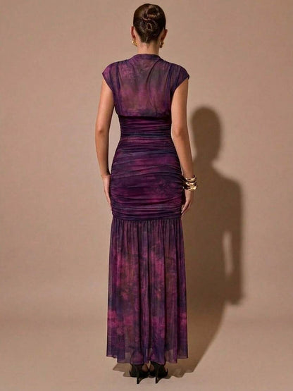 Mesh Cowl Ruched Maxi Dress