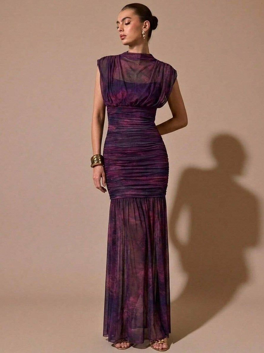 Mesh Cowl Ruched Maxi Dress