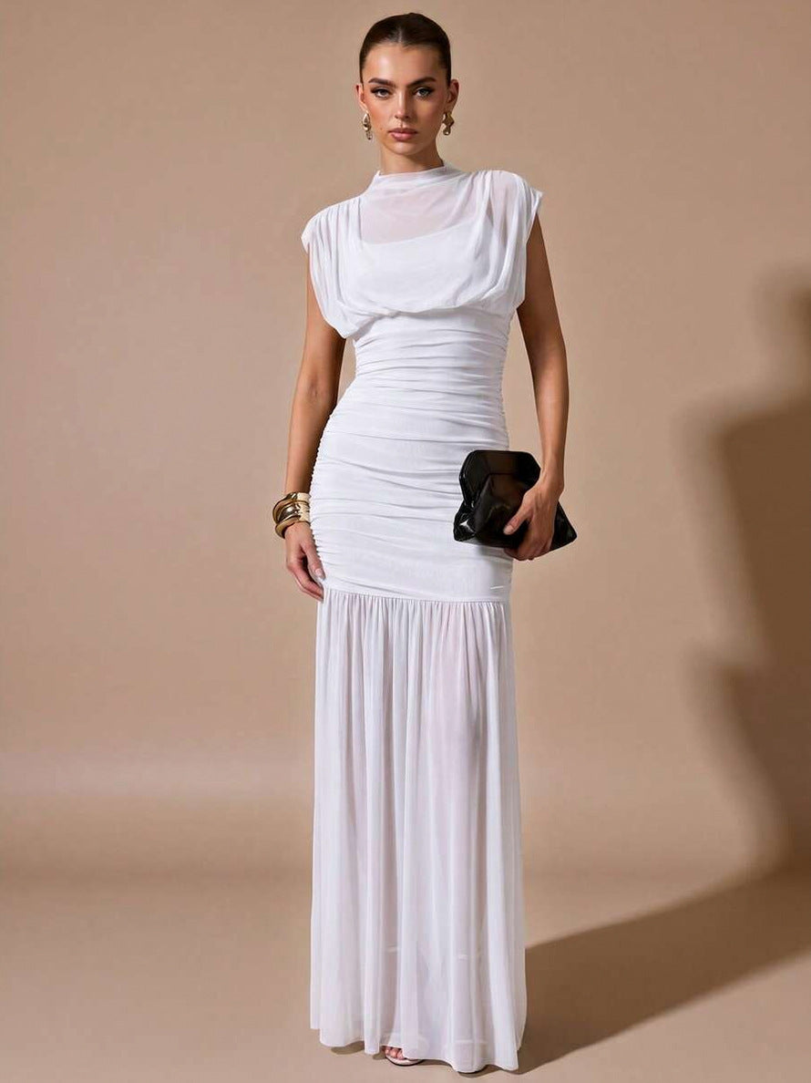 Mesh Cowl Ruched Maxi Dress