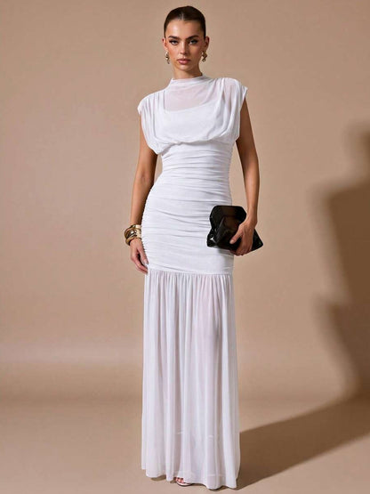 Mesh Cowl Ruched Maxi Dress