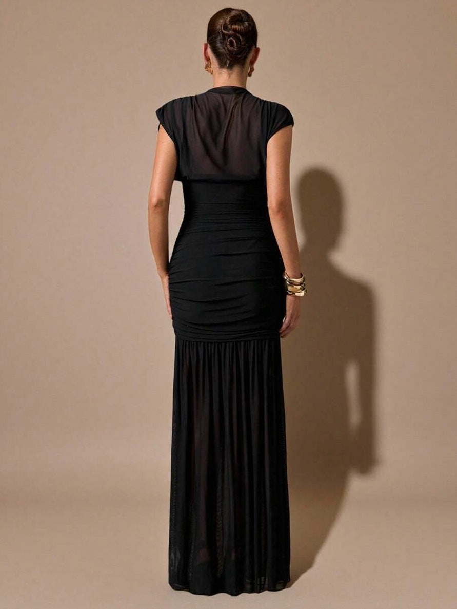 Mesh Cowl Ruched Maxi Dress