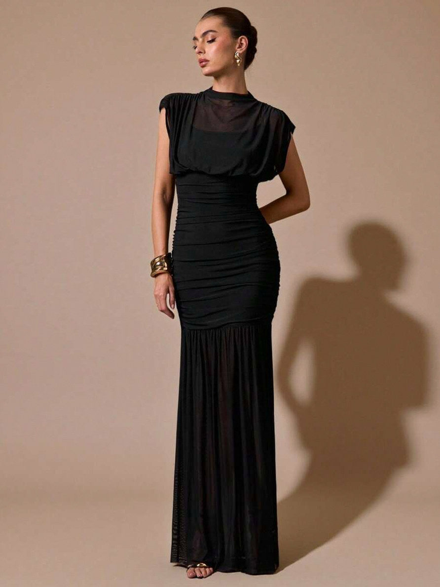 Mesh Cowl Ruched Maxi Dress