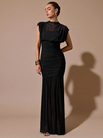 Mesh Cowl Ruched Maxi Dress