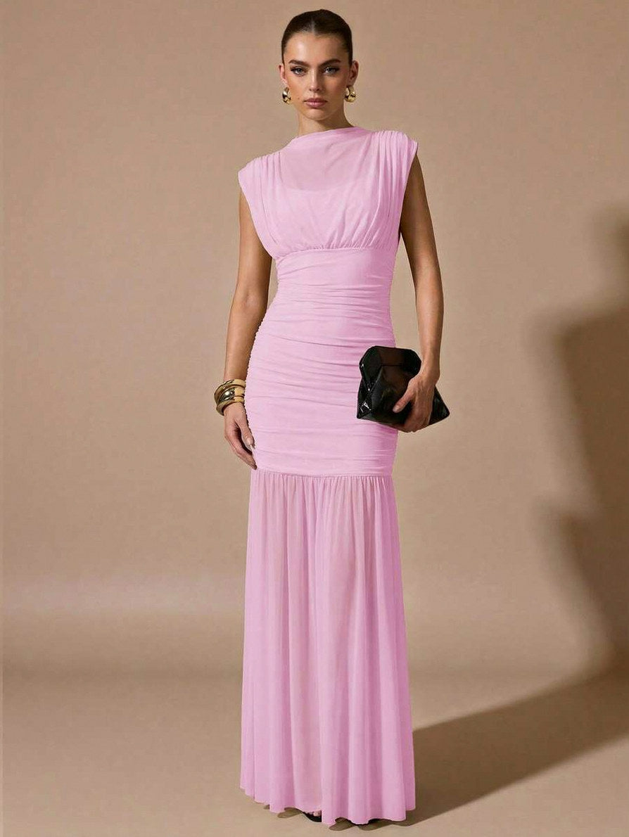 Mesh Cowl Ruched Maxi Dress