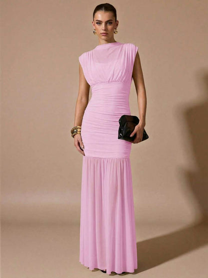 Mesh Cowl Ruched Maxi Dress