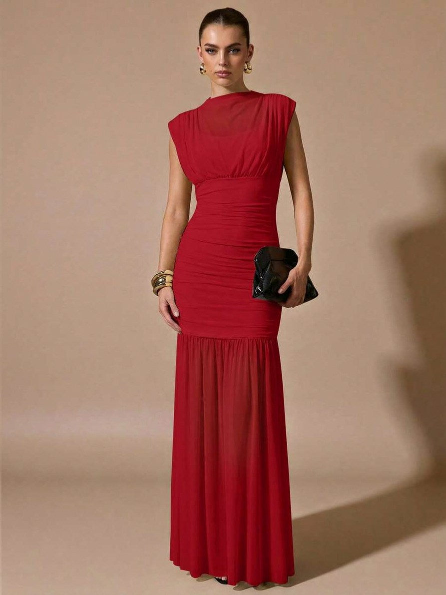 Mesh Cowl Ruched Maxi Dress