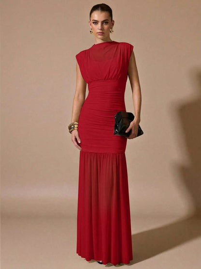 Mesh Cowl Ruched Maxi Dress