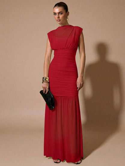 Mesh Cowl Ruched Maxi Dress