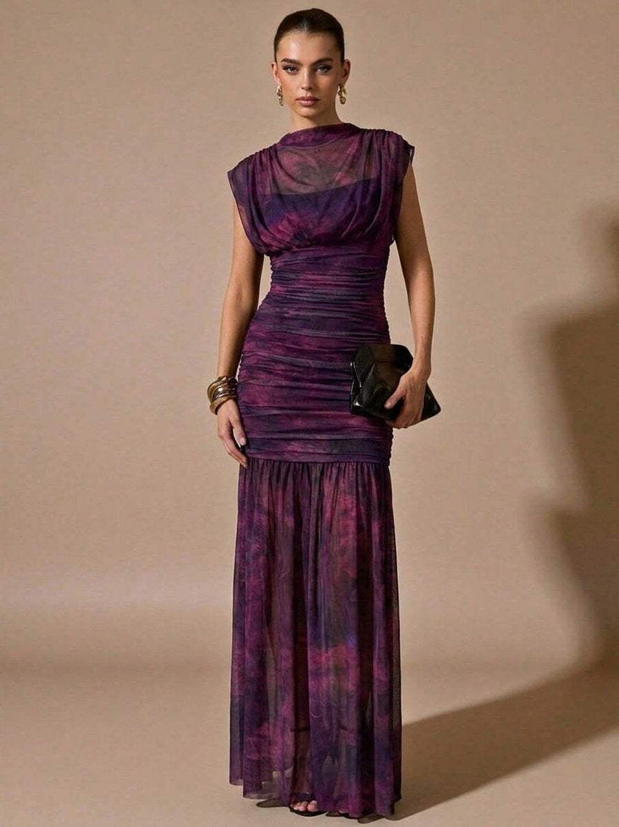 Mesh Cowl Ruched Maxi Dress